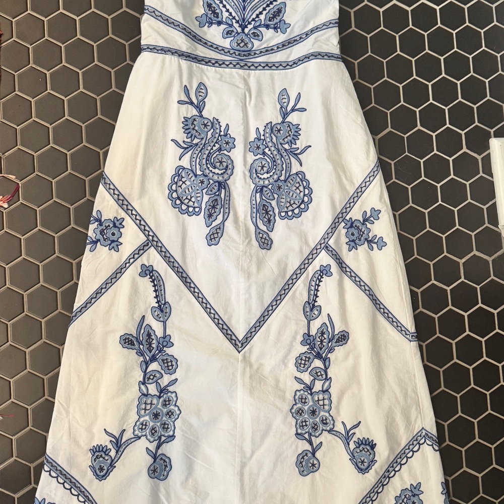 Zara Backless White Dress with Blue Embroidery